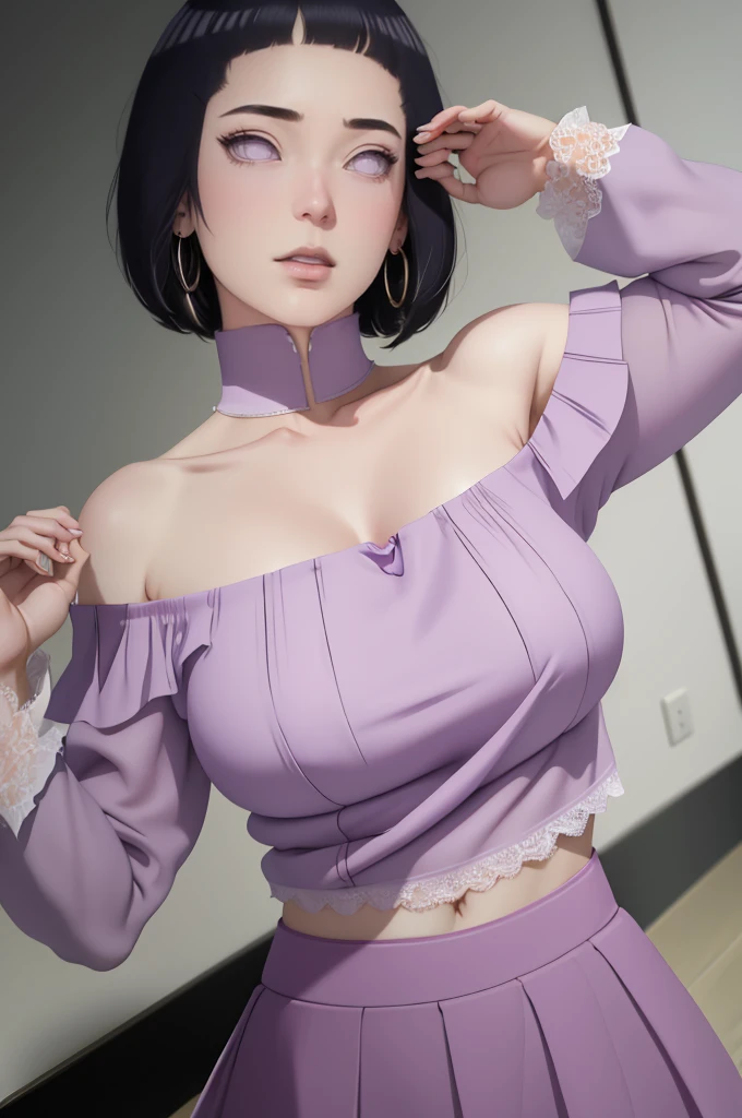 (masterpiece) (huge titusty, masterpiece, absurdres, hinata\(boruto\), 1girl, solo,mature female, off-shoulder bra, high waist short skirt, looking at viewelling petals), perfect composition, detailed lips, big breast, beautiful face, body propotion, blush, (pink lips), short hair, purple eyes, soft gaze, super realistic, detailed, photoshoot, realistic face and body, dancing lightly, lilac eyes, full body, lace clothes, with large hoop earrings
