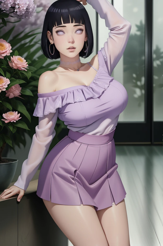 (masterpiece) (huge titusty, masterpiece, absurdres, hinata\(boruto\), 1girl, solo,mature female, off-shoulder bra, high waist short skirt, looking at viewelling petals), perfect composition, detailed lips, big breast, beautiful face, body propotion, blush, (pink lips), short hair, purple eyes, soft gaze, super realistic, detailed, photoshoot, realistic face and body, dancing lightly, lilac eyes, full body, lace clothes, with large hoop earrings