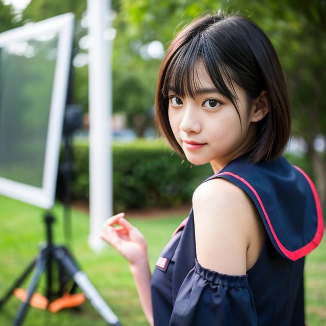 onoff,side-by-side photo,split screen,seifuku cosplay,seifuku cosplayer,short hair,arm behind,front body, front face, slender body,standing ,(8k, RAW photo, best quality, masterpiece:1.2), (realistic, photo-realistic:1.37), ultra-detailed,(detailed beautiful girl:1.4),1 girl, mideum shot, cute pose,
