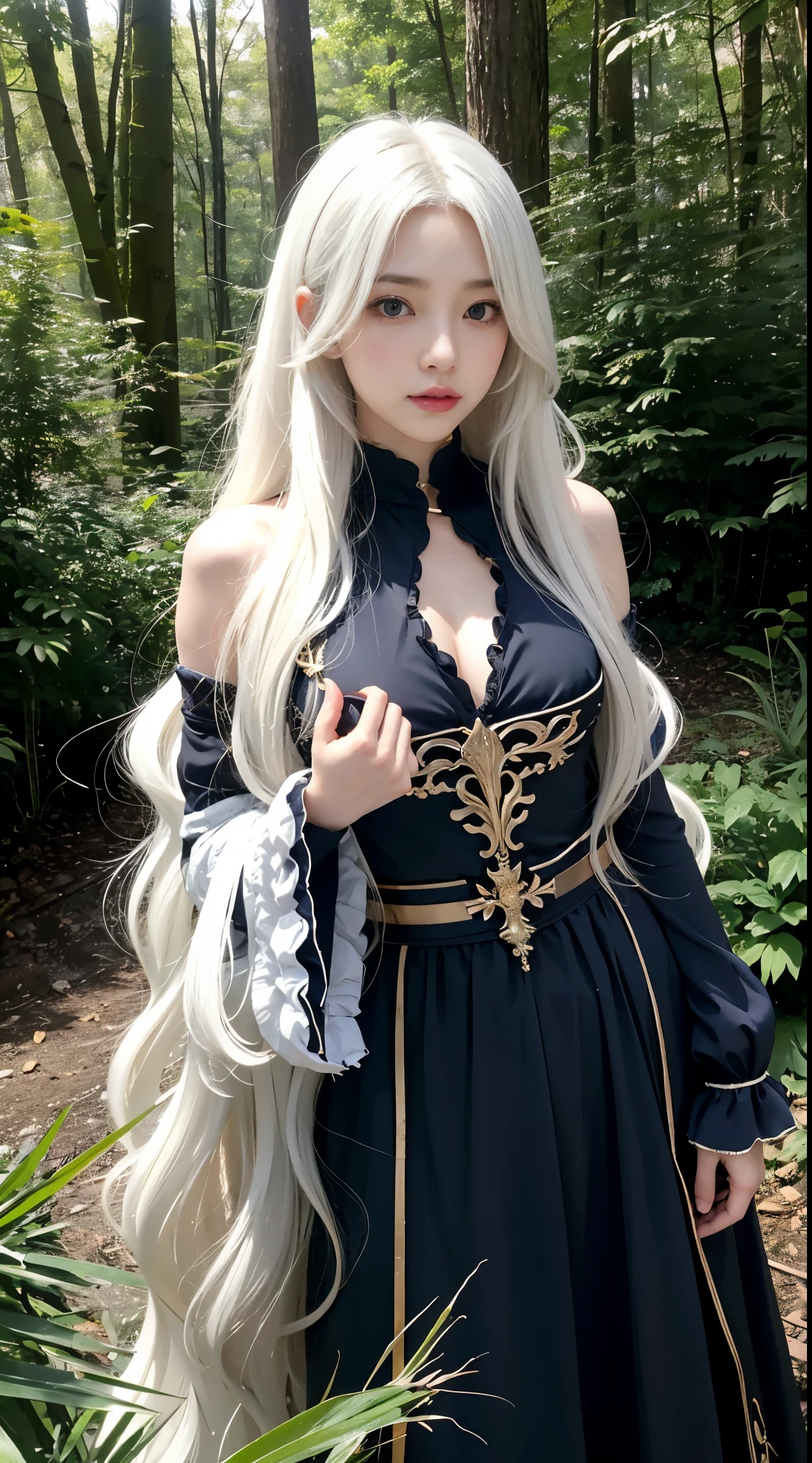 realistic, High resolution, 1 female, glowing skin, alone, wide lips,long hair,wavy hair, closed mouth, hip up,saggy breasts,small face,Anime character cosplay,Cosplayers,Costume costumes,A fantasy space like a forest,white hair,Color Contacts,cute pose