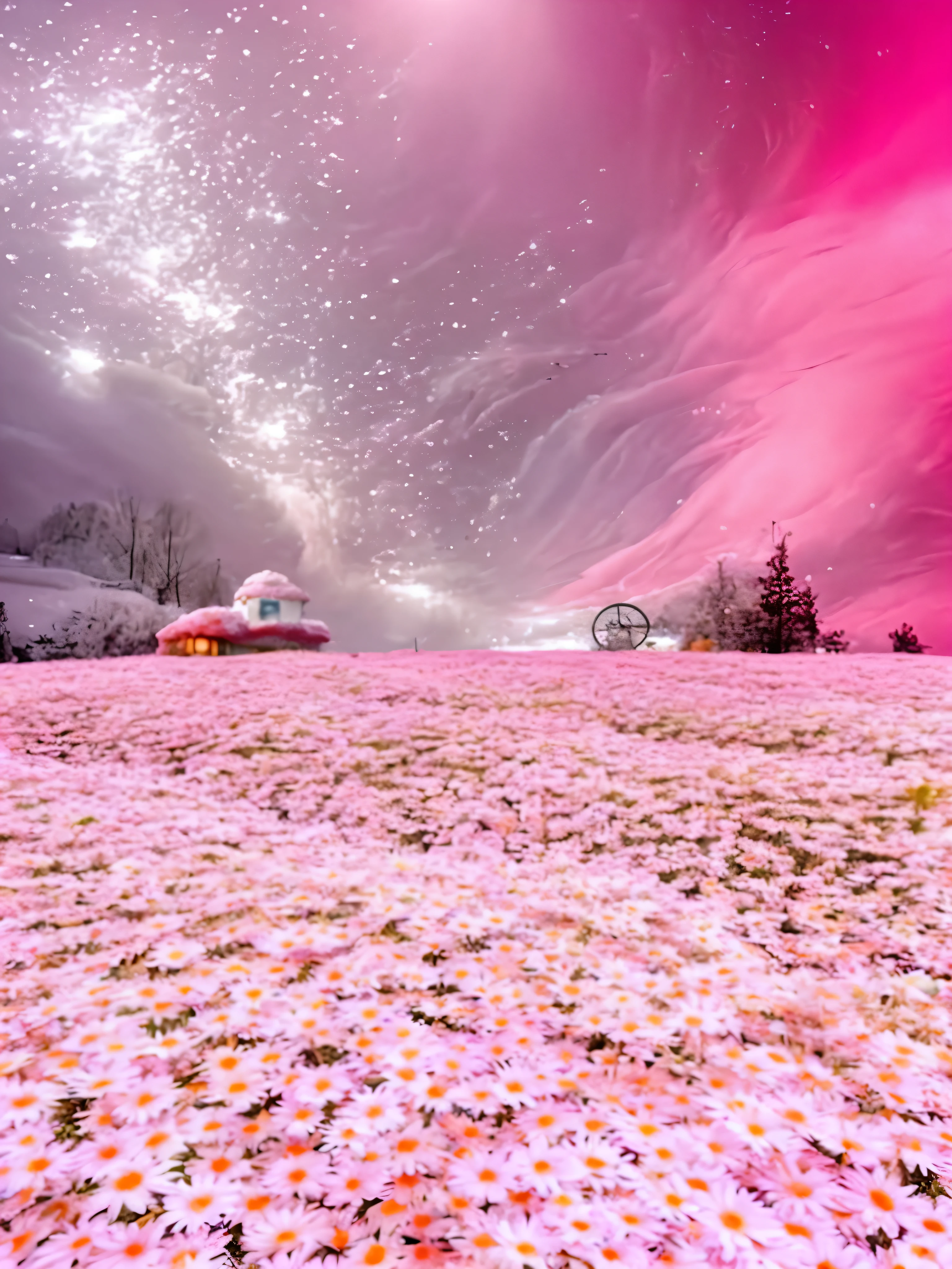 There are pink flowers in the fields,There is a pink sky and pink cars, Surreal Flower of Wisdom, pink landscape, flowers explode and, Pink soft light 4K, Very magical and dreamy, Get lost in a dreamy fairytale landscape, in Surreal dreamy landscape, Magical and dreamy atmosphere, Fantastic colors and atmosphere, Surreal dreamy landscape, Psychedelic ski resort