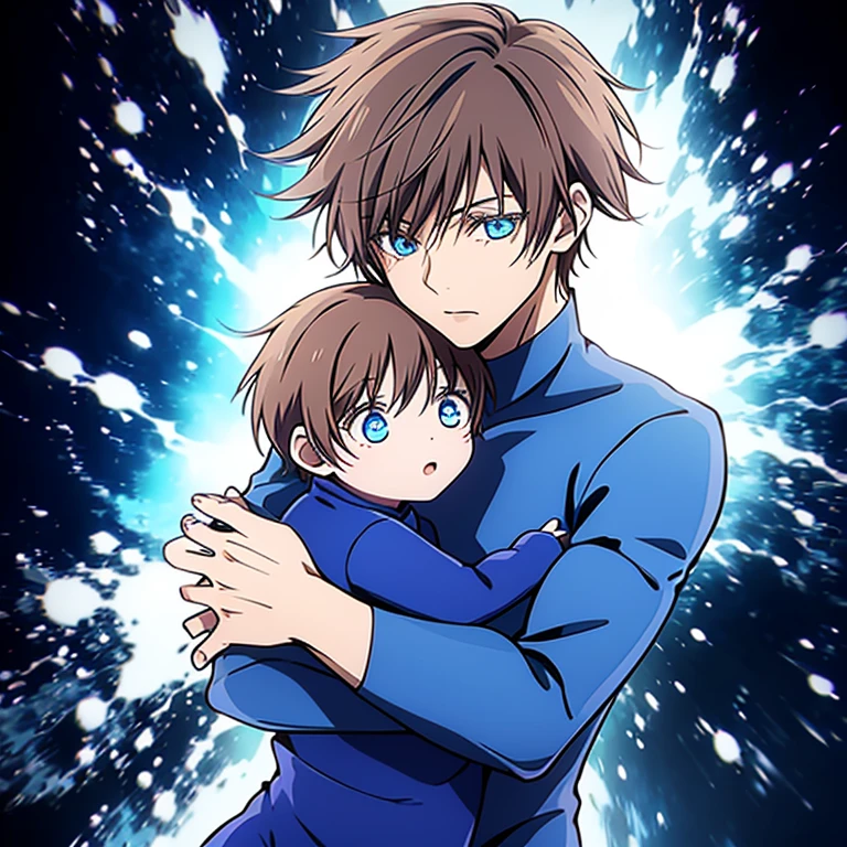 boy in hug mon, blue bodysuit, blue eyes and brown hair.