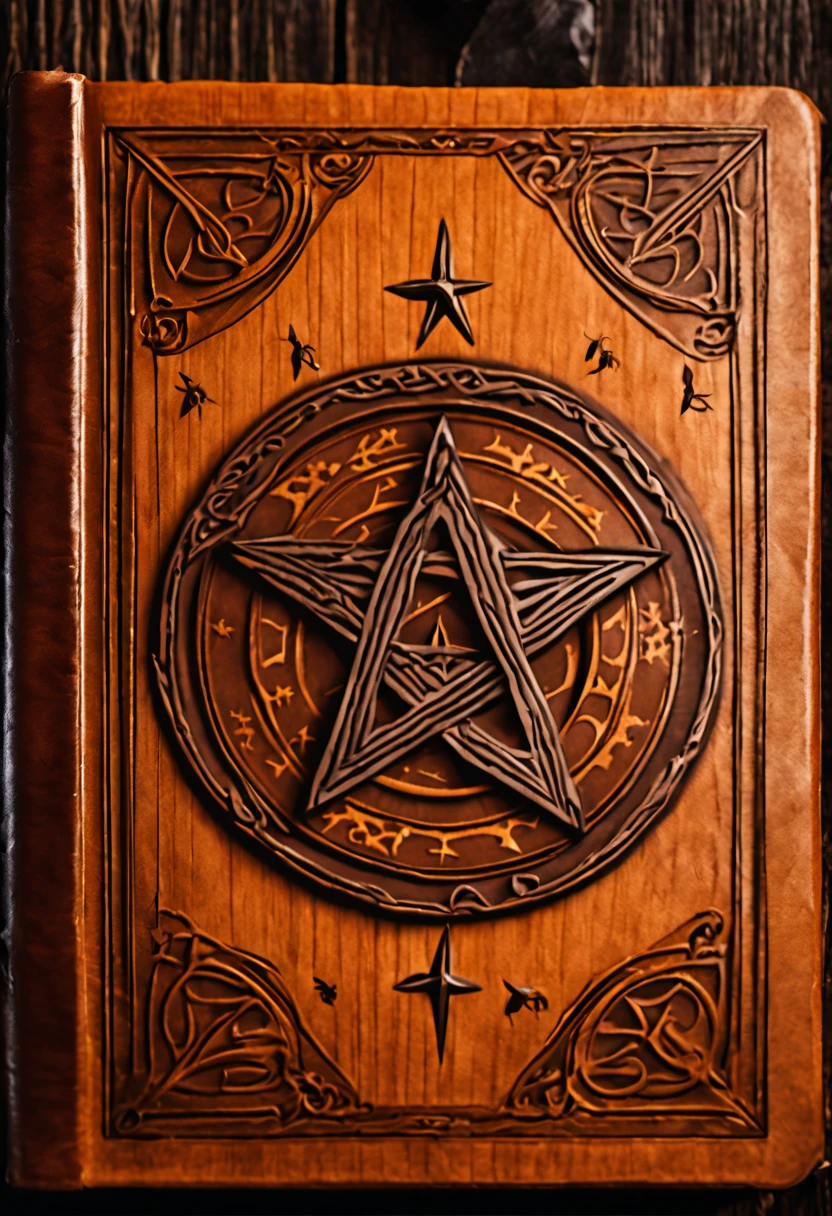 a wooden book with a pentagram with insect icon on it, spell book, grimoire, lost grimoire, grimoire page, floating spellbook, spell casting wizard, spell casting, magic spells and weapons, magic book, game asset occult, fantasy game spell symbol, insect, symbol, fantasy game spell, necronomicon style, holding grimoire, holding spell book