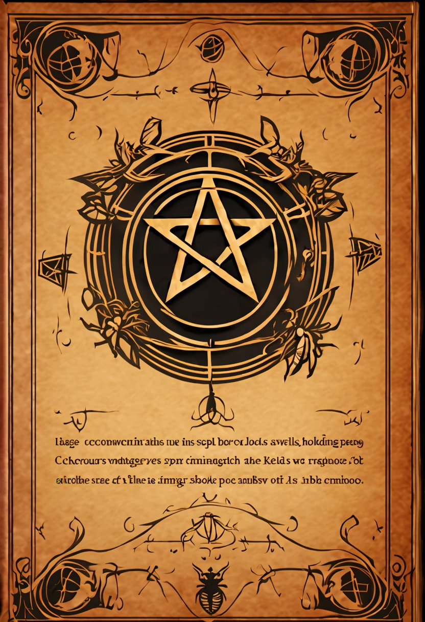 a wooden book with a pentagram with insect icon on it, spell book, grimoire, lost grimoire, grimoire page, floating spellbook, spell casting wizard, spell casting, magic spells and weapons, magic book, game asset occult, fantasy game spell symbol, insect, symbol, fantasy game spell, necronomicon style, holding grimoire, holding spell book