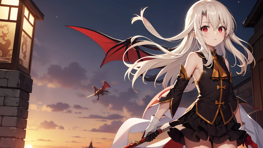 Illyasviel von Einzbern, blonde hair, hair between eyes, long hair, (red eyes:1.5),cool girl boots, Detached sleeves, black gloves,black skirt,Dark wind,final god,Shen Yuan, King of Desolation,The Elegy of the Devouring King,Final Dragon Guardian Spirit