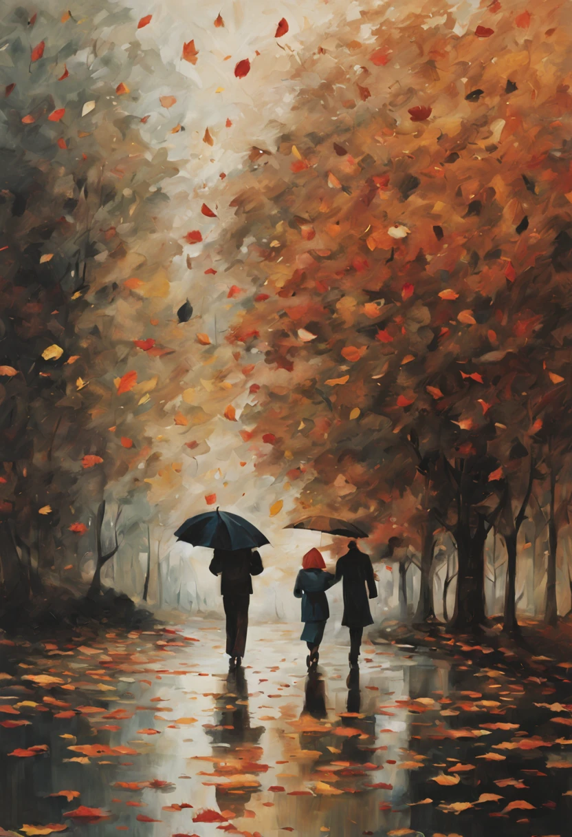 A man and a woman, in one umbrella, walking back, drizzle, falling leaves,