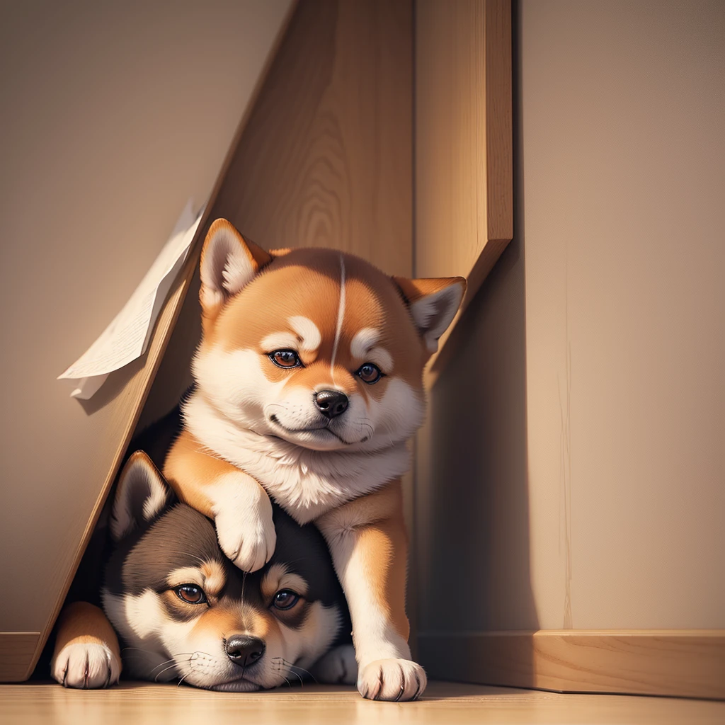 Sad little Shiba Inu curled up in the corner, Tears run down my hairy cheeks, Those eyes convey a deep sense of despair., The atmosphere in the room is heavy with sadness., soft pastel painting, Capturing a dog's weaknesses and emotions,