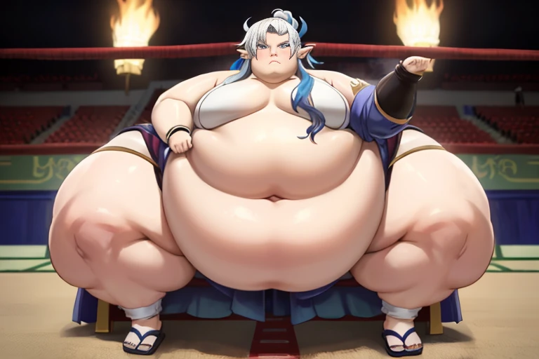 ((1 male)) Solo ,Neuvillette as a Sumo Wrestler , long hair Multicolored hair, White and blue hair, hair Styled in bun,Pointed ears, Morbidly Obese!!!, Background:Arena:1.5, ((Wide Hips)), Thick thighs, ((fat butt )), huge belly!!, ((Frowning )), ((Anatomically accurate))
