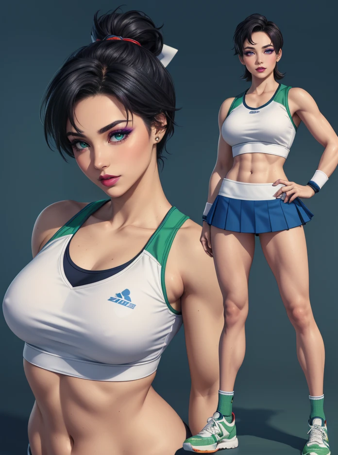 The concept character sheet of a strong, attractive, and hot lady player tennis, (player tennis style), wearing white and green player tennis clothes, sneakers and cap. Her face is oval, forehead is smooth and visibly rounded at the temples. jawline is softly defined, giving her a gentle and feminine appearance, full body, Full of details, frontal body view, back body view, Highly detailed, Depth, Many parts, ((Masterpiece, Highest quality)), 8k, Detailed face, scars, serious expression. Infographic drawing. Multiple sexy poses. tattoos,3d, (sailor mercury), Ami Mizuno