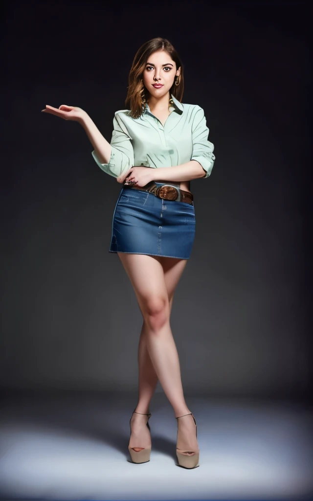 (masterpiece), realistic, (27 year old Elizabeth Gillies), pretty face, wearing simple beige shirt and denim skirt, studio lighting, cinematic light, beautiful woman, beautiful blue-green eyes, milky Long beige hair, perfect anatomy, very cute smile, princess eyes, (blue-green eyes), (full body frame), center image, style, bioluminescent, life size 8, 8k resolution, human hands, curiously full, elegant, close to perfection, dynamic, highly detailed, character sheet, concept art, soft, positioned so that their bodies are al symmetrical and balanced directly towards the viewer.