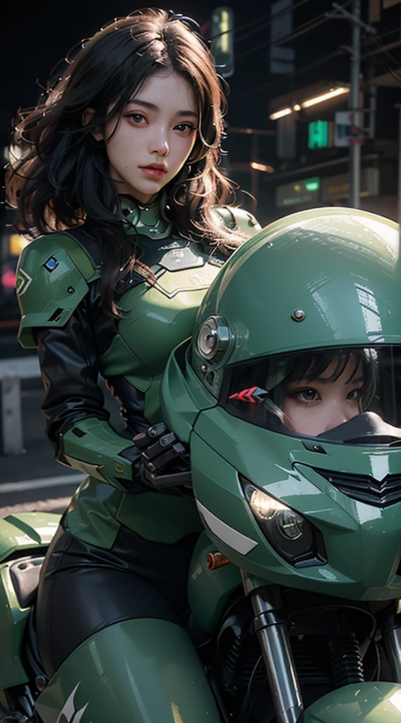 Highest image quality, outstanding details, ultra-high resolution, (realism: 1.4), the best illustration, favor details, highly condensed 1girl, with a delicate and beautiful face, dressed in a black and green mecha, wearing a mecha helmet, holding a directional controller, riding on a motorcycle, the background is a high-tech lighting scene of the future city.