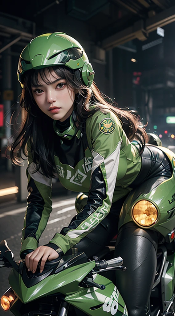 Outstanding picture quality, outstanding details, extra high resolution (真实感: 1,4), the best illustration, Detail-conducive, Very condensed, A  girl, European-style with a gentle and beautiful face, dressed in black and green fur, in a mecha helmet, Holding Direction Controller, rides a motorcycle, The background is a high-tech light stage of the future city.