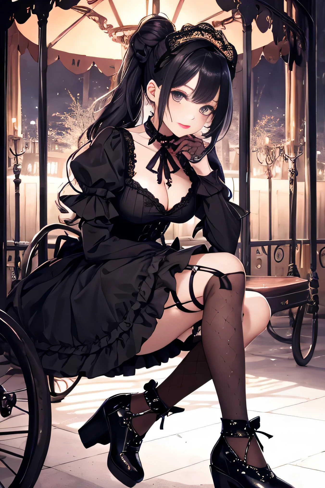 (8K、RAW photo、highest quality、masterpiece:1.2)、detailed background、beautiful and detailed face、beautiful and smooth skin、skin texture、professional lighting、Beautiful age girl、sexual expression、Cute Ponytail、(big breasts:1.3)、
Choice of dress or skirt、Gothic Lolityleで、Mainly dresses and skirts decorated with frills and lace。black or purple、Choose a dark color such as red、Emphasizes the gothic atmosphere。
lace and ruffle accents、For dresses and skirts、Lace and frills are often used。sleeve or skirt hem、By adding lace to the neckline etc..、You can combine cuteness and gothic elements.。
A selection of classic accessories、Gothic Lolita sで、Classic accessories are key。for example、lace gloves and ribbon、crown-shaped headdress、If you incorporate cross accessories etc..、You can further enhance the gothic atmosphere.。
Selection of socks and tights、Gothic Lolita stylecks and tights are also important items..。To create a contrast with a skirt or dress、It is best to choose black lace socks or fishnet stockings..。
Shoe selection、Gothic Lolita style、booリーゴーランドシューズとの相性も抜群です。boots、Items decorated with lace, ribbons, etc.、If you choose a thick sole、Can give a more gothic impression。
Makeup and hairstyle、Gothic Lolita style makeup、s common to wear dark eyeliner and lipstick on fair skin..。As for the hairstyle、I like soft curls or buns.。