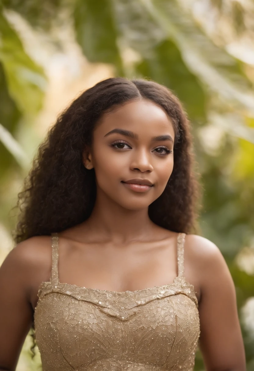 "imagem ultra-realista de uma linda sul-africana de 19 anos, pele de caramelo, corpo perfeito, usando vestido, peito pequeno, decote, magrelo, cintura ultrafina, Cabelo preto, cabelo afro cacheado , bunda redonda gigantesca, ao lado de uma piscina infinita, sorridente, olhos verdes penetrantes."