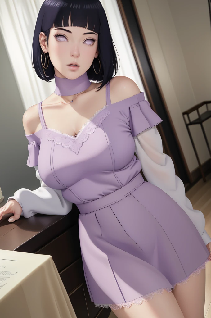 { - anatomy error} (Masterpiece - Ultra-detailed, very high resolution) (huge titusty, masterpiece, absurdres, hinata\(boruto\), 1girl, solo,mature female, off-shoulder bra, high waist short skirt, looking at viewelling petals), perfect composition, detailed lips, big breast, beautiful face, body propotion, blush, (pink lips), short hair, purple eyes, soft gaze, super realistic, detailed, photoshoot, realistic face and body, reading, writing, walking, backwards, lying down, standing, dynamic poses, mouth closed. Different posture. Very sexy, with chin resting on shoulder. lilac eyes, full body, lace clothes, with large hoop earrings