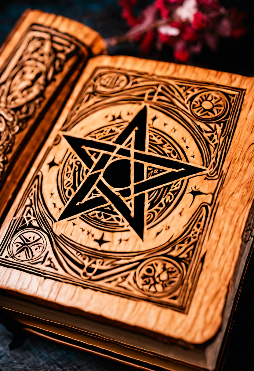 a wooden book with a pentagram with insect icon on it, spell book, grimoire, lost grimoire, grimoire page, floating spellbook, spell casting wizard, spell casting, magic spells and weapons, magic book, game asset occult, fantasy game spell symbol, insect symbol, fantasy game spell, necronomicon style, holding grimoire, holding spell book