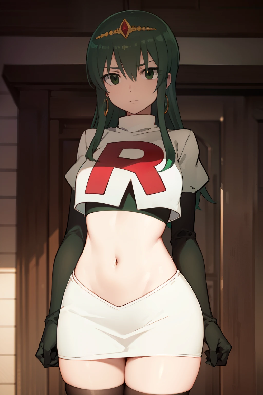 hisui, hisui, long hair, (green eyes:1.5), green hair, hair between eyes,
BREAK jewelry, earrings, tiara, crown, team rocket,team rocket uniform,white skirt,red letter R,crop top,black thigh-highs,black elbow gloves
BREAK looking at viewer, (cowboy shot:1.5),
BREAK (masterpiece:1.2), best quality, high resolution, unity 8k wallpaper, (illustration:0.8), (beautiful detailed eyes:1.6), extremely detailed face, perfect lighting, extremely detailed CG, (perfect hands, perfect anatomy),