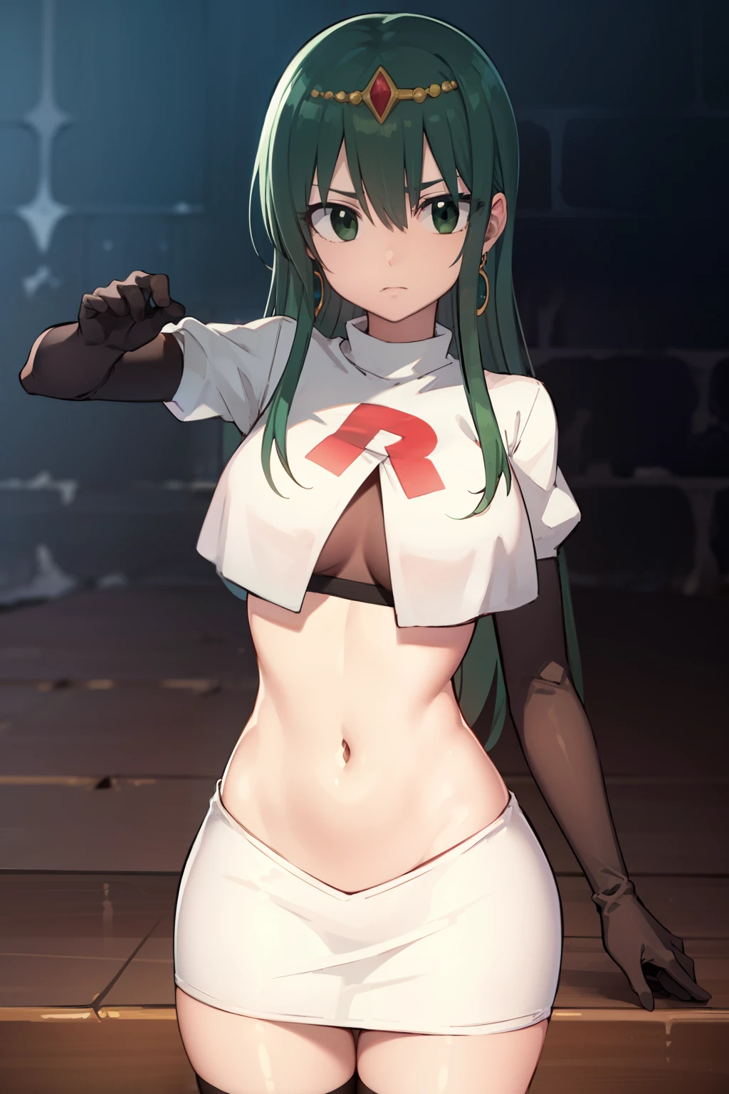 hisui, hisui, long hair, (green eyes:1.5), green hair, hair between eyes,
BREAK jewelry, earrings, tiara, crown, team rocket,team rocket uniform,white skirt,red letter R,crop top,black thigh-highs,black elbow gloves
BREAK looking at viewer, (cowboy shot:1.5),
BREAK (masterpiece:1.2), best quality, high resolution, unity 8k wallpaper, (illustration:0.8), (beautiful detailed eyes:1.6), extremely detailed face, perfect lighting, extremely detailed CG, (perfect hands, perfect anatomy),