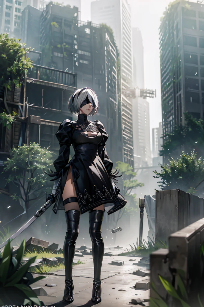 1 girl,2B, YoRHa No. 2 Type B,NieR:Automata,18-year-old,((anatomically correct)),glamorous_tall_Narrow waist_long legs,whole body,Are standing,looking at camera,Transparent and shiny silver hair,short bob hair,The right eye is hidden by bangs,(Black blindfold cloth_Covered eyes), ((2b costume)),Decorated 2 meter long sword,ruins,Doomsday World,rubble,Cracked roads,weed,fog is forming,Depth of bounds written,Natural light,side light,Lens flare,masterpiece,High and fine,High definition,Winner of numerous awards