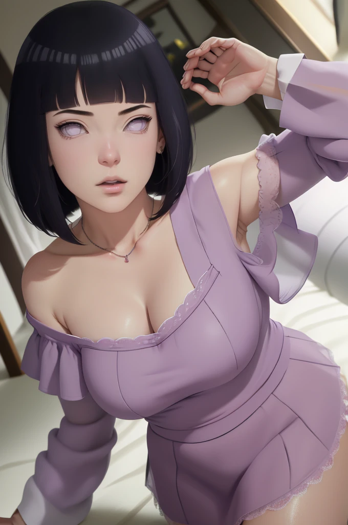{ - anatomy error} (Masterpiece - Ultra-detailed, very high resolution) (huge titusty, masterpiece, absurdres, hinata\(boruto\), 1girl, solo,mature female, off-shoulder bra, high waist short skirt, looking at viewelling petals), perfect composition, detailed lips, big breast, beautiful face, body propotion, blush, (pink lips), short hair, purple eyes, soft gaze, super realistic, detailed, photoshoot, realistic face and body, reading, writing, walking, backwards, lying down, standing, dynamic poses, mouth closed. Different posture. Very sexy, with chin resting on shoulder. lilac eyes, full body, lace clothes, with large hoop earrings