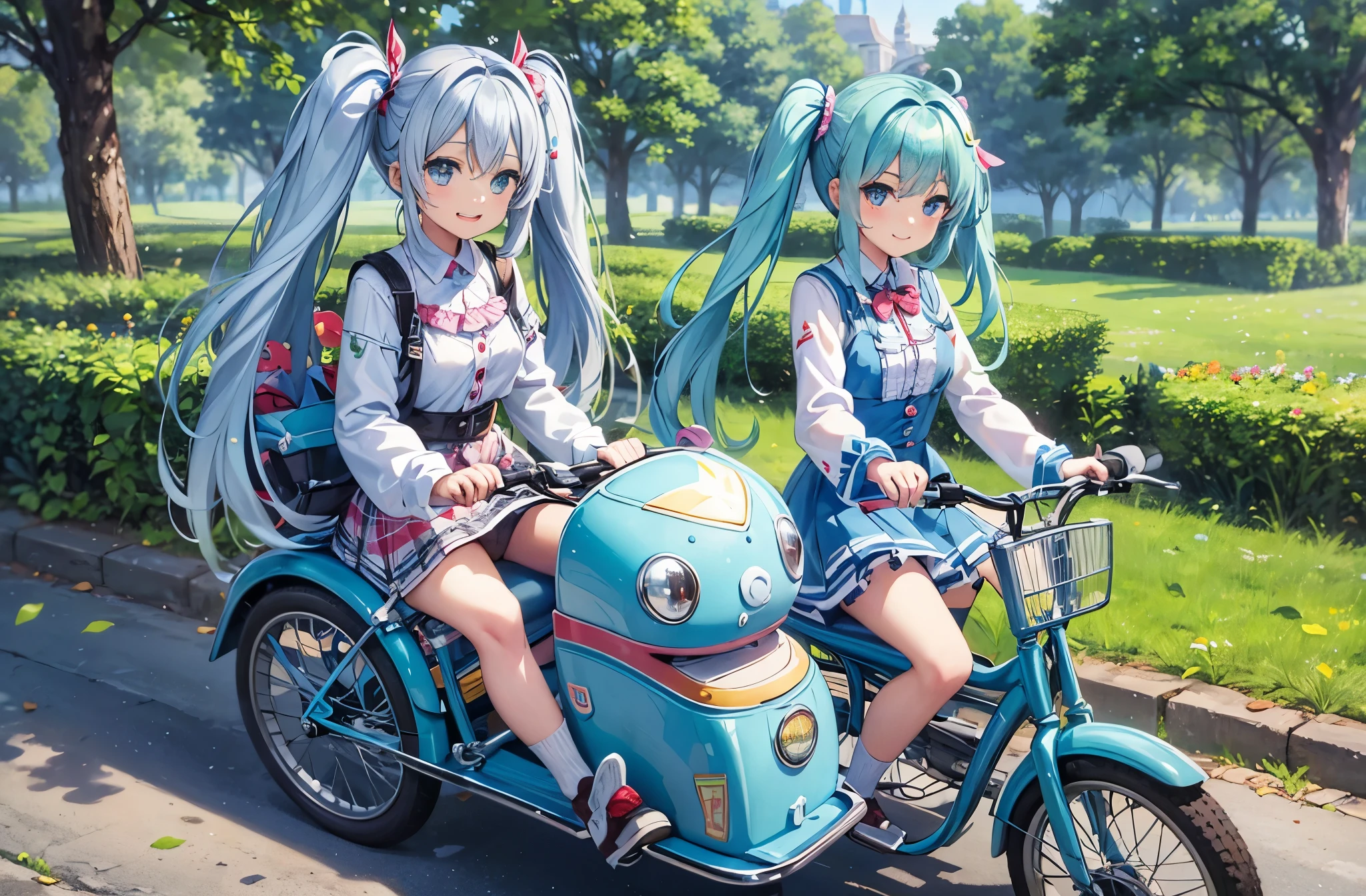 Dynamic mode、light blue long hair、 with twin tails　riding a tricycle in the park　best smile　Cute costumes、Bigger in the center