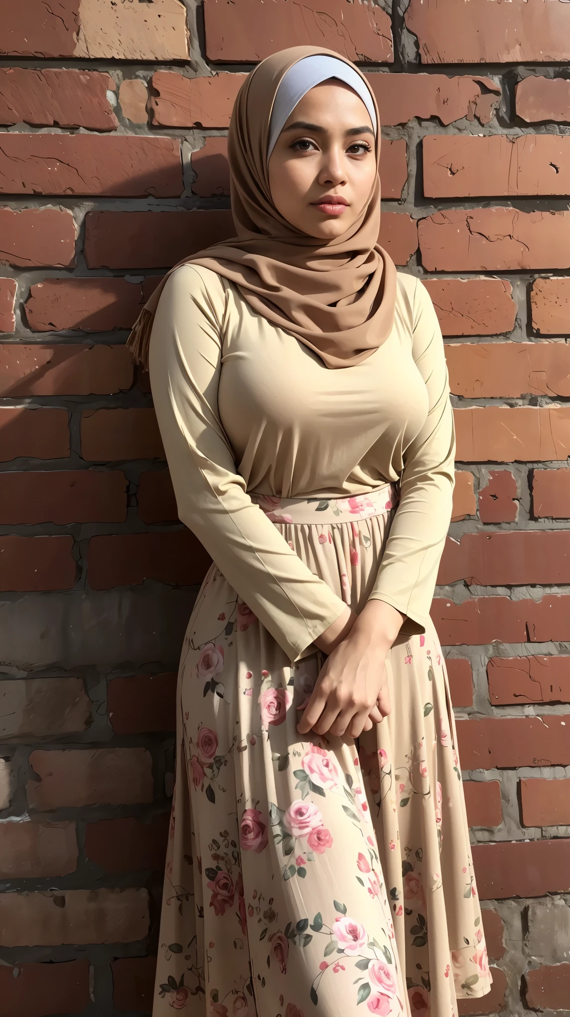 rompts
Copy
RAW, Best quality, high resolution, masterpiece: 1.3), beautiful Malay woman in hijab, Masterpiece, perfect fit body, big breasts,, beautiful big eyes, Soft smile, muslim woman in a floral dress top and beige skirt leaning against a brick wall, with lovely look, wearing a fisher 🧥, taupe, long skirt, City parks, Great lighting, Bright colors, Ultra realistic clean lines, very realistic