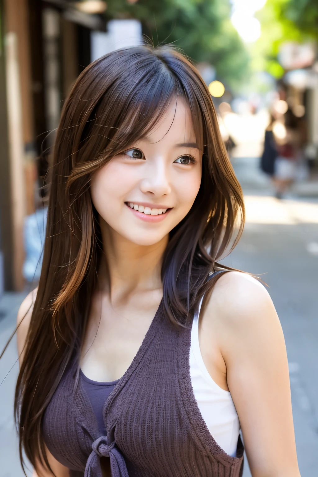 Cute Japanese smiling beauty　　Bewildered look　　She has long hair and ties it in the back.　　Tank top　　The whole body is shown　Walking along a western street　bright sunshine　brown hair