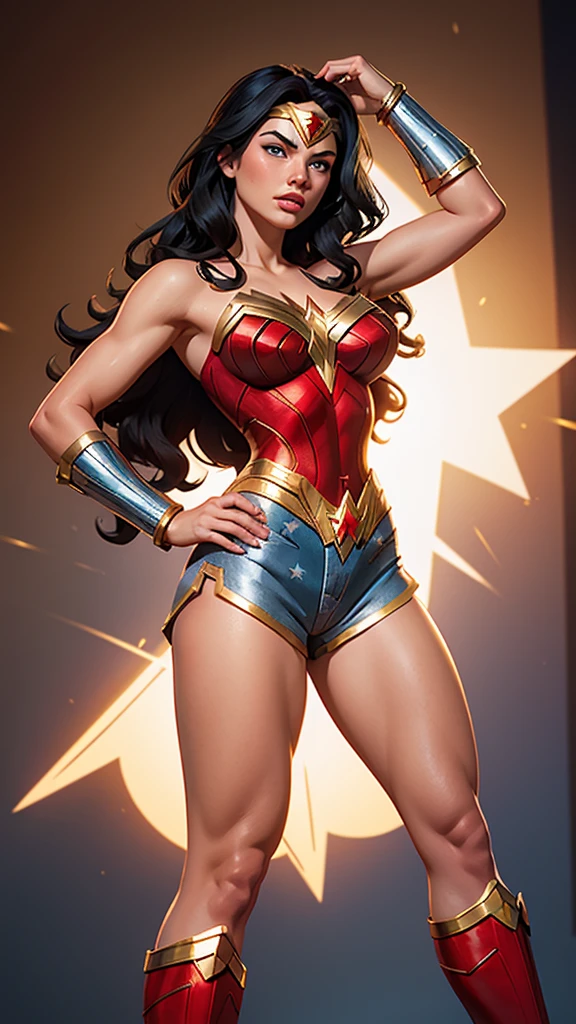 Woman, white skin, black hair, wavy hair, long hair, athletic body, reflective blue shorts, blue eyes, wonder woman style star shorts, short shorts, sexy shorts, metallic red top, full top, ripped shorts, low cut, chest of Wonder Woman, silver bracelets, golden tiara with red star, serious look, look at the camera, red lips, red boots, heroic pose, big breasts, athletic legs, wonder woman style golden bow, frontal shot.