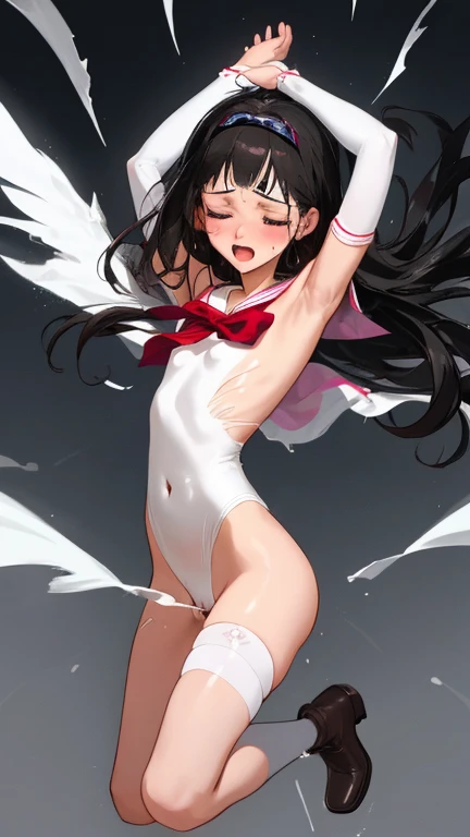 {{{{amazing quality, great quality, high quality, very aesthetic, aesthetic, best quality}}}},
realistic, photo, shadow, Three-dimensional, absurdres, Digital art,
{{{{Magical girl}}}}, beautiful girl, one girl,
black hair, long straight hair, hair, trimmed hair, shiny hair, blunt bangs, short sideburns,
brown eyes, tareme,
{{flat chest}}, {{small breasts}}, {{detailed body}}, slim thighs, thin thighs,
{{white leotard}, {leotard peek}}, {{pink sailor collar}}, {{pink elbow_gloves}}, {{red boots}},
ribbon trim, red bow tie, heart brooch, thigh strap, white headband, white circlet, white cloak,
{{both shoulders expose}}, {{covered navel}},
{{magic circle}}, troubled face, defeat, distress, resistance, absurdres, sexual pleasure, shy, orgasm, sensitive body, trembling, Sweat, disheveled hair, nipple, groin, vagina, Intercrural legs, rape, clothed sex, Multiple enemies attack the girl, {{{torn clothes}}}, {{{wet clothes}}}, {{{melted clothes}}}, {{{transparent clothes}}}, {{{damaged clothes}}}, Completely nude, half-naked, Multiple enemies tickles girl, Multiple enemies tickles girl's armpits, Multiple enemies tickles girl's side, Multiple enemies restrains girl's hands above head, A girl laughs out loud when her enemies tickles her, armpit, Screaming, closed eyes, tears, Multiple hands attack the girl, Multiple hands rub the girl, Multiple hands fuck the girl,