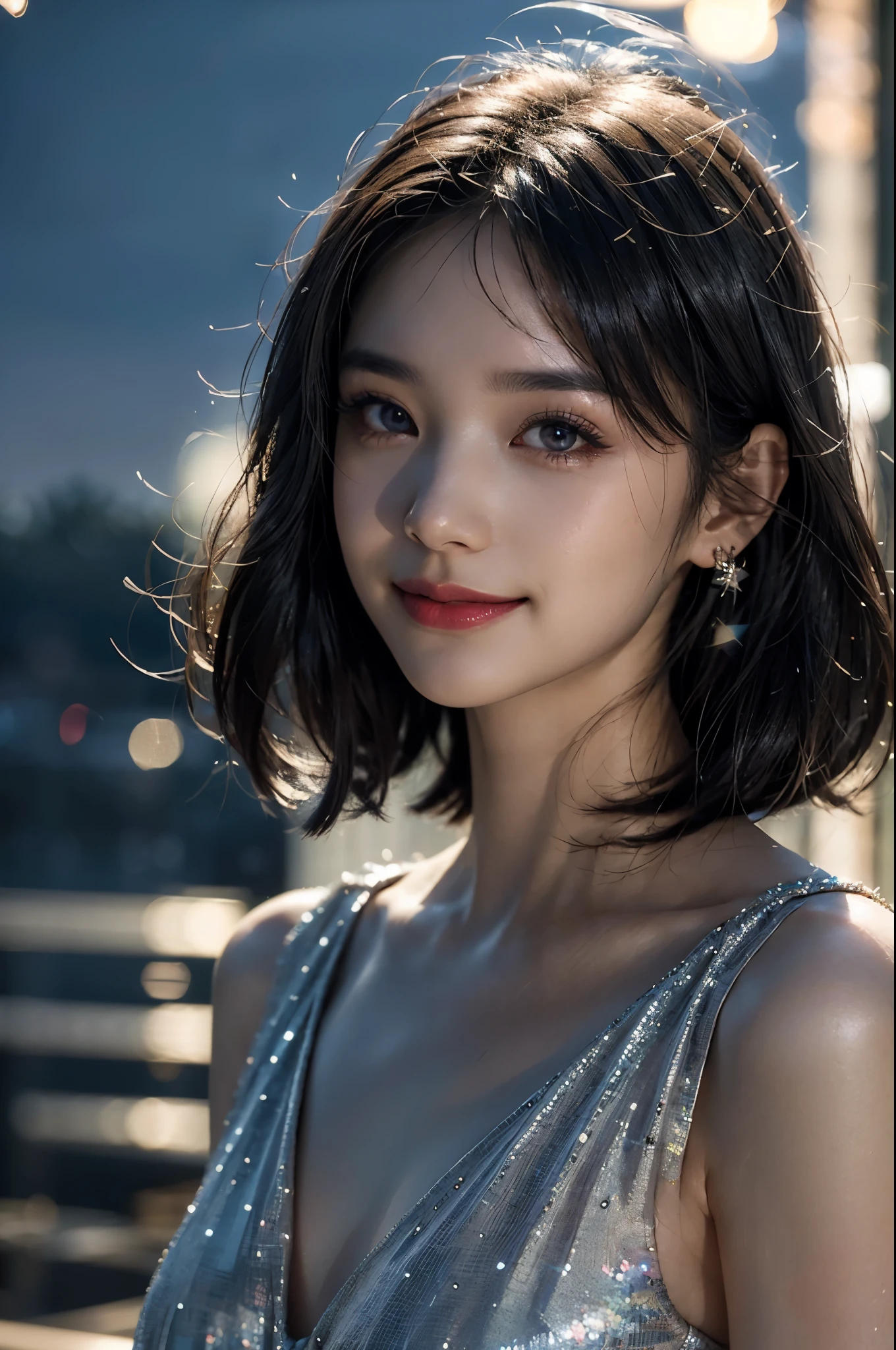 ((1 Ultimate Beautiful Japanese Women)), alone,middle aged,beautiful eyes,Detailed lips,beautiful eyes,double eyelids,beautiful teeth,
shiny bob hair,
(cowboy shooting),
(Grinning),
(light wrap maxi dress),earrings,
big breasts,
long eyelashes,
(eye shadow),
rest
((Bokeh,night):1.37),4k wallpaper,(masterpiece),(actual),(フォトactual),
high resolution,