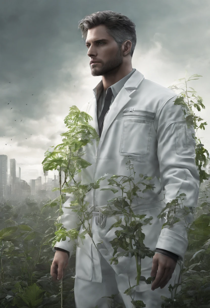 scientist,male,white clothes,Plants grow from the body