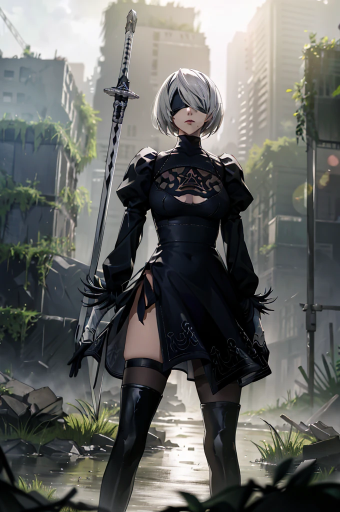 1 girl,2B, YoRHa No. 2 Type B,NieR:Automata,18-year-old,((anatomically correct)),glamorous_tall_Narrow waist_long legs,whole body,Are standing,looking at camera,Transparent and shiny silver hair,short bob hair,The right eye is hidden by bangs,(Black blindfold cloth_Covered eyes), ((2b costume)),Decorated 2 meter long sword,ruins,Doomsday World,rubble,Cracked roads,weed,Close-up shot of a person covered with fog,,Depth of bounds written,Natural light,side light,Lens flare,masterpiece,High and fine,High definition,Winner of numerous awards