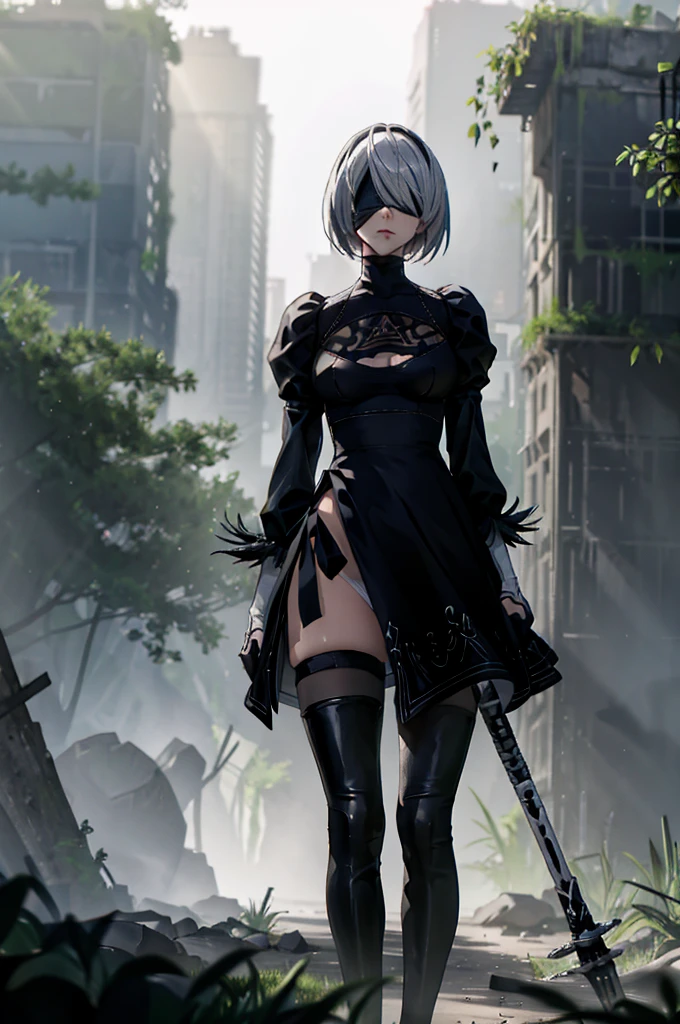 1 girl,2B, YoRHa No. 2 Type B,NieR:Automata,18-year-old,((anatomically correct)),glamorous_tall_Narrow waist_long legs,whole body,Are standing,looking at camera,Transparent and shiny silver hair,short bob hair,The right eye is hidden by bangs,(Black blindfold cloth_Covered eyes), ((2b costume)),Decorated 2 meter long sword,ruins,Doomsday World,rubble,Cracked roads,weed,Close-up shot of a person covered with fog,,Depth of bounds written,Natural light,side light,Lens flare,masterpiece,High and fine,High definition,Winner of numerous awards