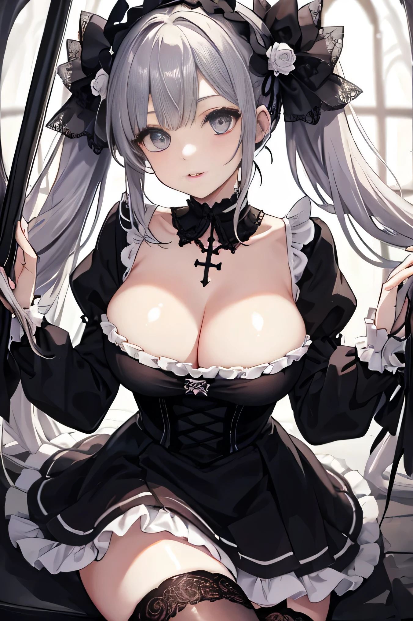 (8K、RAW photo、highest quality、masterpiece:1.2)、detailed background、beautiful and detailed face、beautiful and smooth skin、skin texture、professional lighting、Beautiful age girl、sexual expression、Cute Ponytail、(big breasts:1.3)、
Choice of dress or skirt、Gothic Lolityleで、Mainly dresses and skirts decorated with frills and lace。black or purple、Choose a dark color such as red、Emphasizes the gothic atmosphere。
lace and ruffle accents、For dresses and skirts、Lace and frills are often used。sleeve or skirt hem、By adding lace to the neckline etc..、You can combine cuteness and gothic elements.。
A selection of classic accessories、Gothic Lolita sで、Classic accessories are key。for example、lace gloves and ribbon、crown-shaped headdress、If you incorporate cross accessories etc..、You can further enhance the gothic atmosphere.。
Selection of socks and tights、Gothic Lolita stylecks and tights are also important items..。To create a contrast with a skirt or dress、It is best to choose black lace socks or fishnet stockings..。
Shoe selection、Gothic Lolita style、booリーゴーランドシューズとの相性も抜群です。boots、Items decorated with lace, ribbons, etc.、If you choose a thick sole、Can give a more gothic impression。
Makeup and hairstyle、Gothic Lolita style makeup、s common to wear dark eyeliner and lipstick on fair skin..。As for the hairstyle、I like soft curls or buns.。
