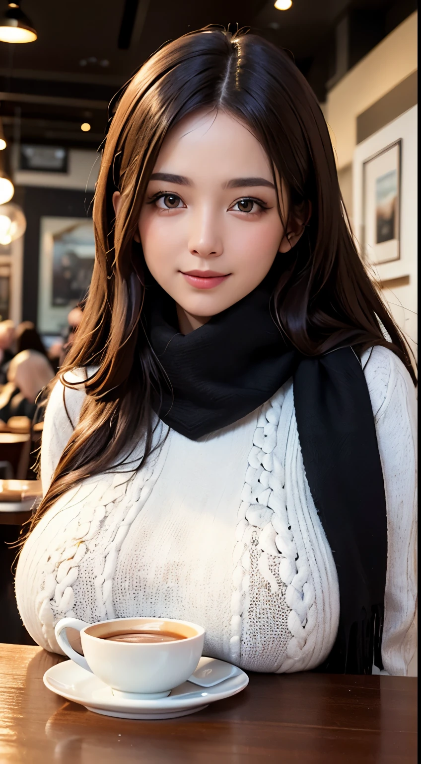 ((best quality, 8K, masterpiece)), ultra detailed, sharp focus, 1 beautiful woman, (sweater), (scarf), highly detailed face and skin texture, ((detailed eyes)), ((beautiful eyes:1.2)), smile, sitting, ((huge breasts)), cafe, latte, tits on table