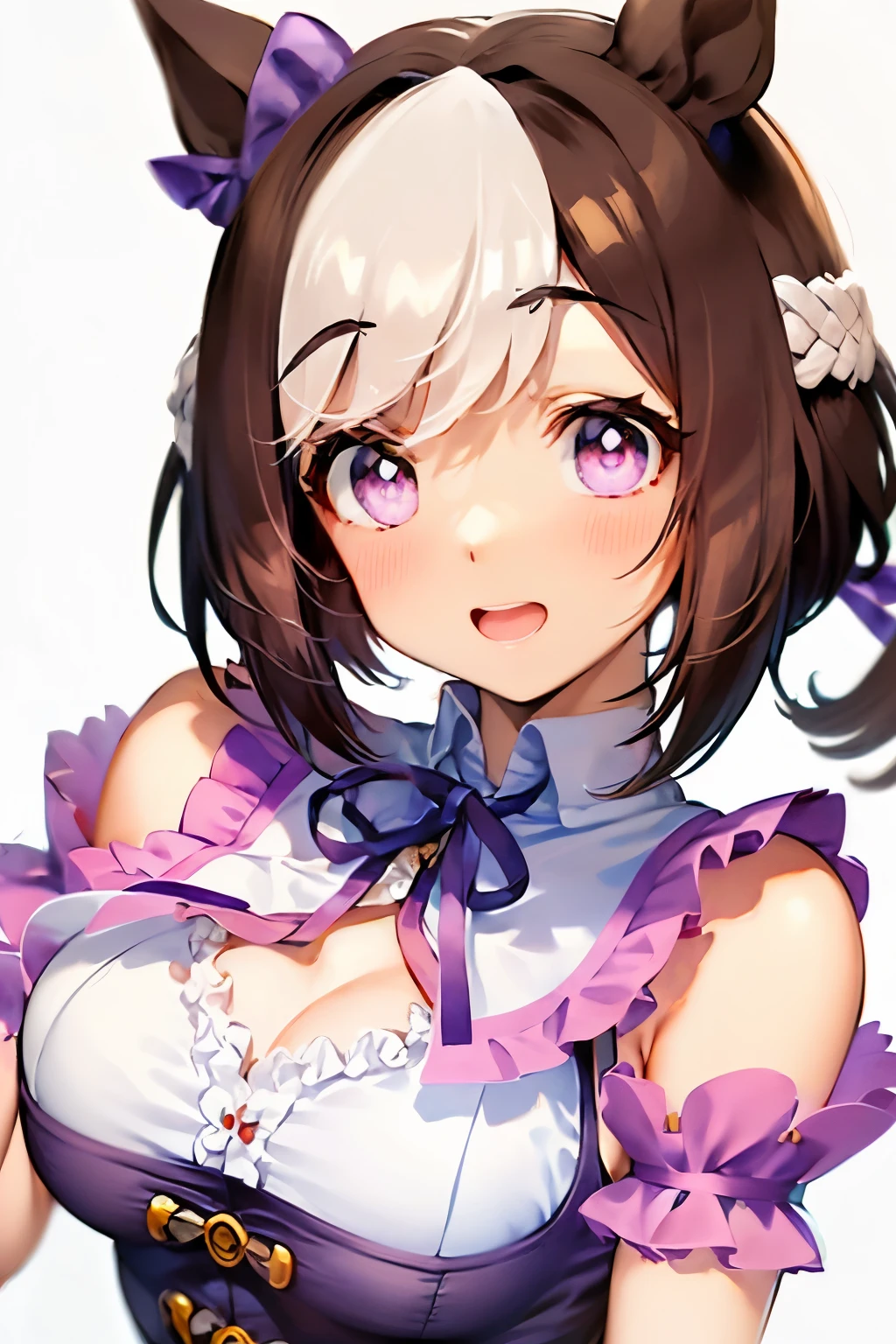 special_week_\(Umamusume)、bow ribbon、bow ribbon、bow ribbon、corsets、Fluffy breasts、nursing、toppless、teats、The upper part of the body、(Refers to the viewer:1.3)、Happiness、(White background:1.5)、(front-facing view:1.3)