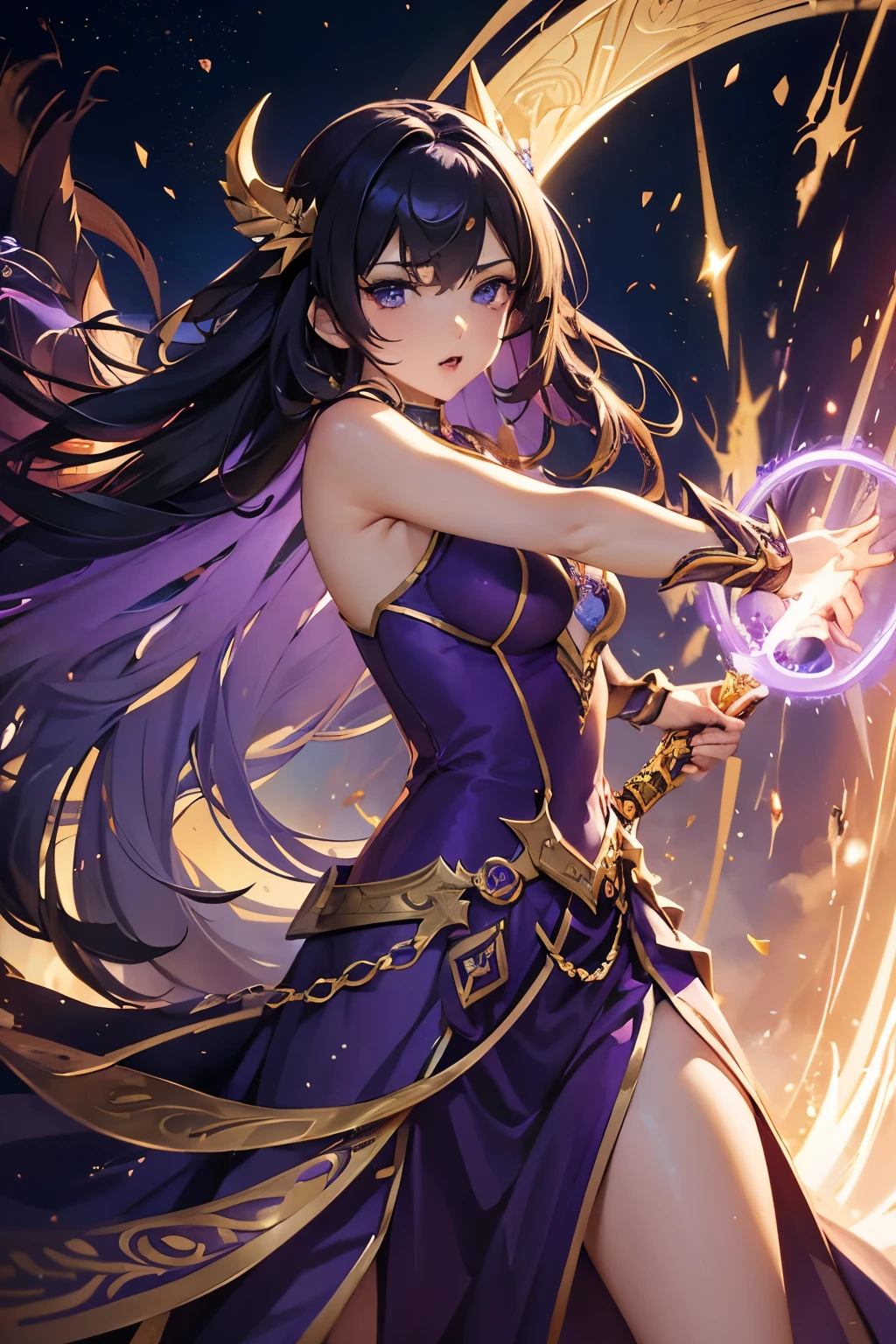 Woman in purple dress holding sword and purple and gold shield, epic mage girl character, iconic casting posture, character splash art, female mage!, drawn in mystical style, female mage, Official splash art, beautiful celestial mage, mage, mysterious art style, maya ali as a lightning mage