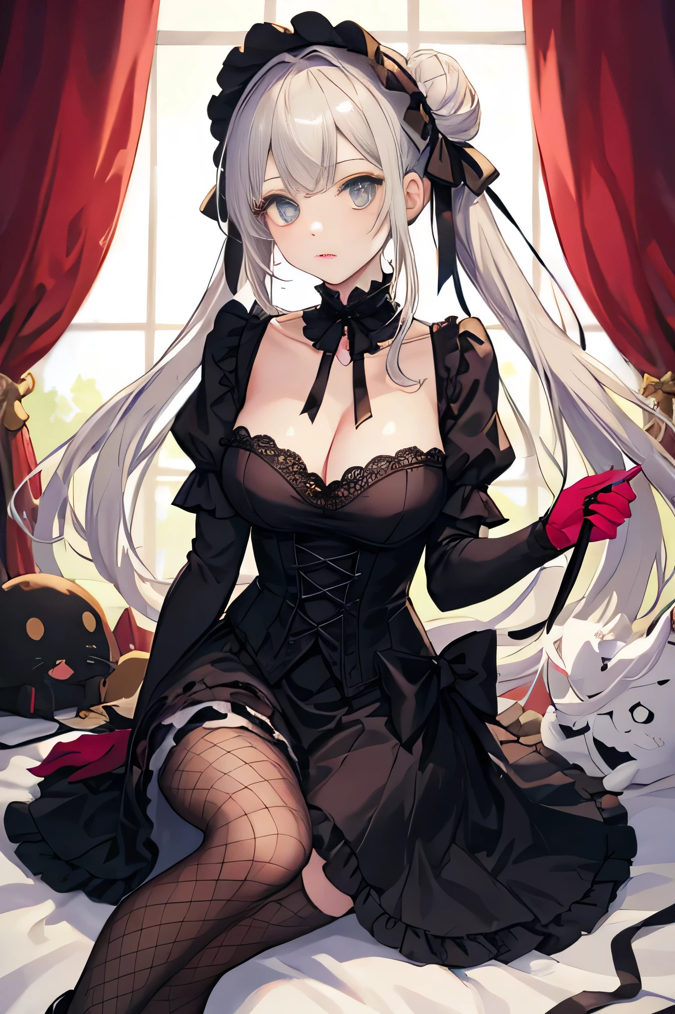 (8K、RAW photo、highest quality、masterpiece:1.2)、detailed background、beautiful and detailed face、beautiful and smooth skin、skin texture、professional lighting、Beautiful age girl、sexual expression、Cute Ponytail、(big breasts:1.3)、
Choice of dress or skirt、Gothic Lolityleで、Mainly dresses and skirts decorated with frills and lace。black or purple、Choose a dark color such as red、Emphasizes the gothic atmosphere。
lace and ruffle accents、For dresses and skirts、Lace and frills are often used。sleeve or skirt hem、By adding lace to the neckline etc..、You can combine cuteness and gothic elements.。
A selection of classic accessories、Gothic Lolita sで、Classic accessories are key。for example、lace gloves and ribbon、crown-shaped headdress、If you incorporate cross accessories etc..、You can further enhance the gothic atmosphere.。
Selection of socks and tights、Gothic Lolita stylecks and tights are also important items..。To create a contrast with a skirt or dress、It is best to choose black lace socks or fishnet stockings..。
Shoe selection、Gothic Lolita style、booリーゴーランドシューズとの相性も抜群です。boots、Items decorated with lace, ribbons, etc.、If you choose a thick sole、Can give a more gothic impression。
Makeup and hairstyle、Gothic Lolita style makeup、s common to wear dark eyeliner and lipstick on fair skin..。As for the hairstyle、I like soft curls or buns.。