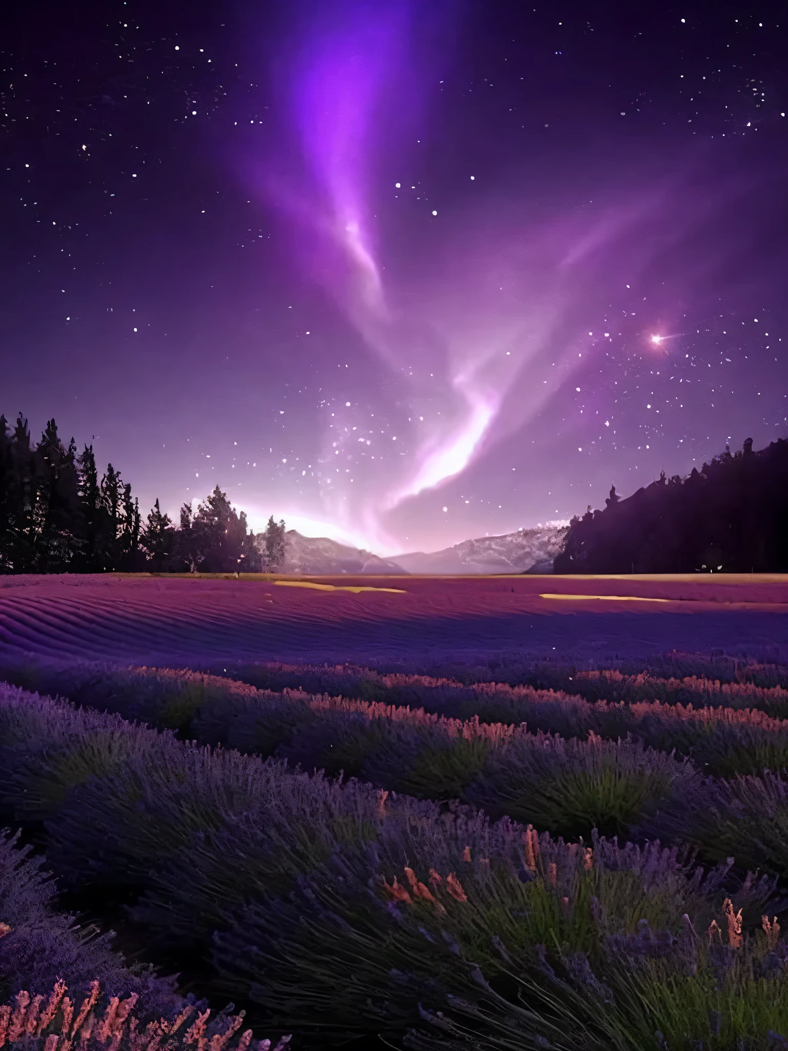 Lavender fields,Purple auroras appear in the sky, Amazing screensaver, purplish space in background, purple beautiful sky, beautiful wallpaper, beautiful space, galactic landscape, The background is an endless universe, Beautiful night sky, magnificent background, magical scenery, Fantastic colors and atmosphere, beautiful background, cosmic view, Beautiful alien landscape, amazing wallpapers, bright starry sky
