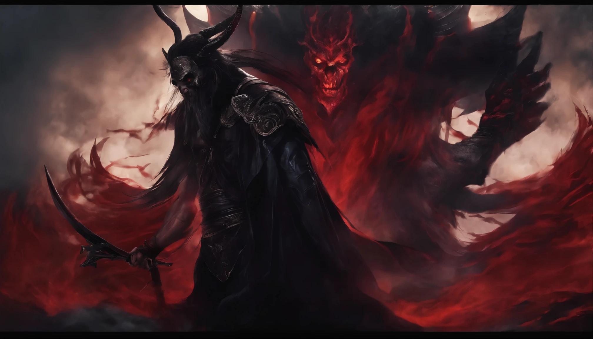 Hades god of death in Greek mythology and Shinigami the god of death in Japanese culture kill each other face to face looking at the camera for youtube thumbnail bloody