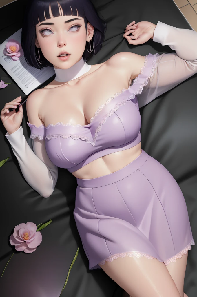 { - anatomy error} (Masterpiece - Ultra-detailed, very high resolution) (huge titusty, masterpiece, absurdres, hinata\(boruto\), 1girl, solo,mature female, off-shoulder bra, high waist short skirt, looking at viewelling petals), perfect composition, detailed lips, big breast, beautiful face, body propotion, blush, (pink lips), short hair, purple eyes, soft gaze, super realistic, detailed, photoshoot, realistic face and body, reading, writing, walking, backwards, lying down, standing, dynamic poses, mouth closed. Different posture. Very sexy, with chin resting on shoulder. lilac eyes, full body, lace clothes, with large hoop earrings