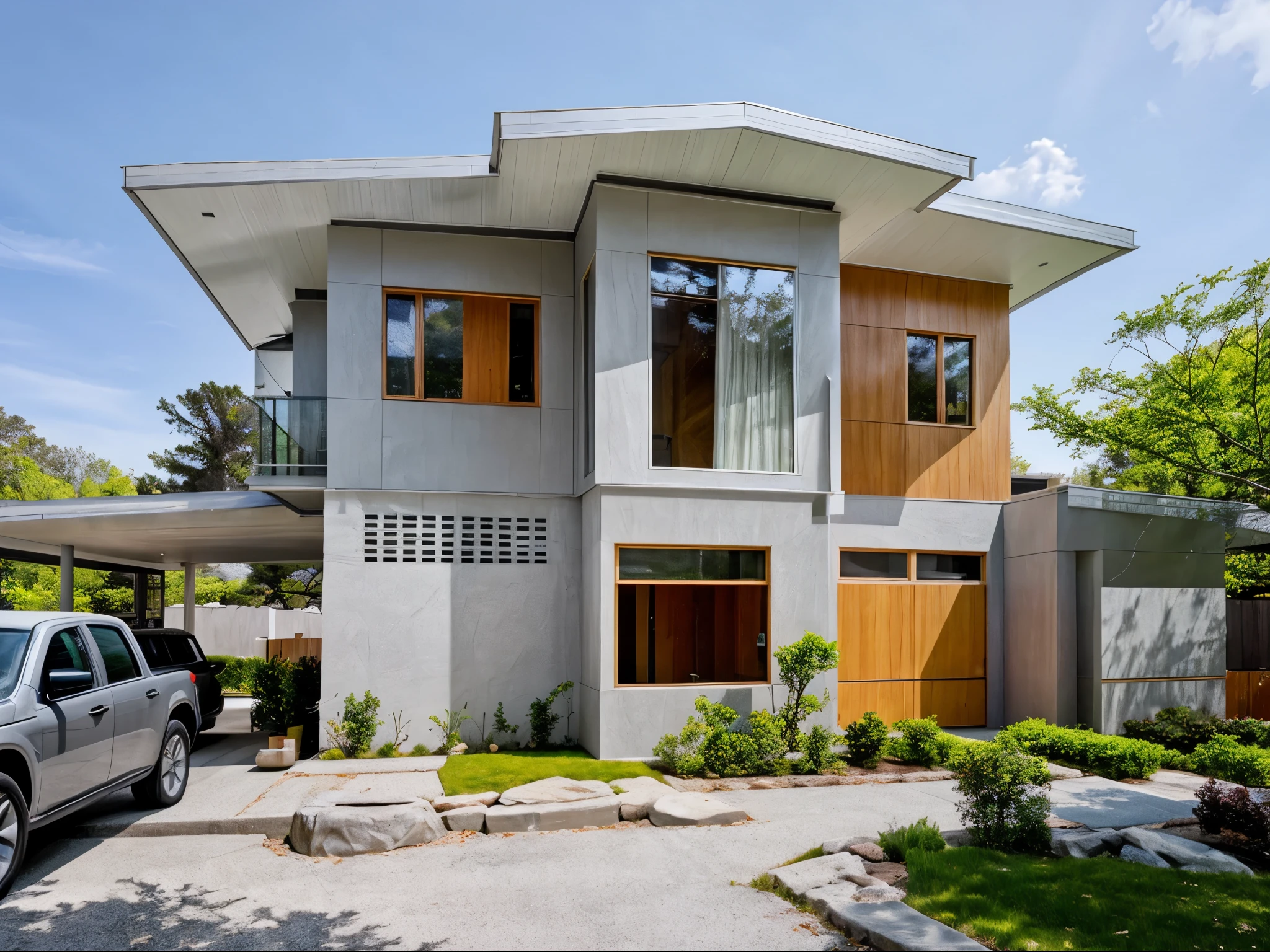 color photo of a modern and minimalist grey-colored Midcentury home. The house exudes an elegant and sophisticated vibe with its sleek lines, clean design, and neutral color palette. The exterior of the home is painted in a beautiful shade of grey, which perfectly complements the surrounding landscape. Large windows allow an abundance of natural light to flood the interior, creating a bright and airy atmosphere. The architectural details, such as the flat roof, angular shapes, and minimalistic landscaping, add to the overall contemporary aesthetic of the house. This grey Midcentury home stands as a timeless masterpiece, blending seamlessly with its surroundings.