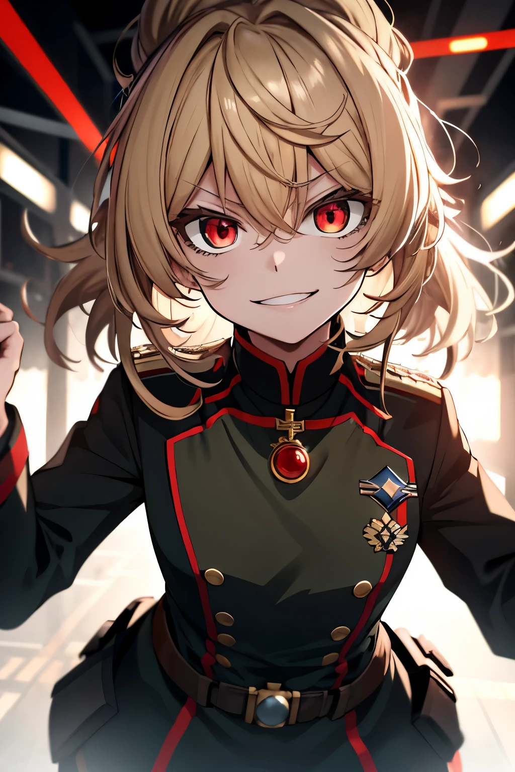 (masterpiece, best quality: 1.1), 1girl solo, tanya, 1girl, solo, , flat chest, small breasts, curvy, military, military uniform, ,, evil smile, wicked expression, anger, red eyes, neutral lighting