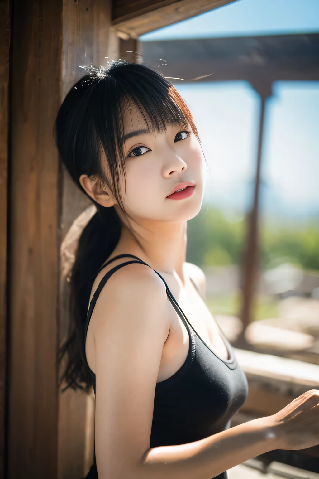 (highest quality,In 8K,nffsw:1.2),(cute japanese girl),(rich bust:1.25),(Tank top),(perfect anatomy, beautiful limbs、beautiful skin)、Artistic、Mysterious, The structure of the human body is accurate、beautiful scenery、the wind is blowing、sun、