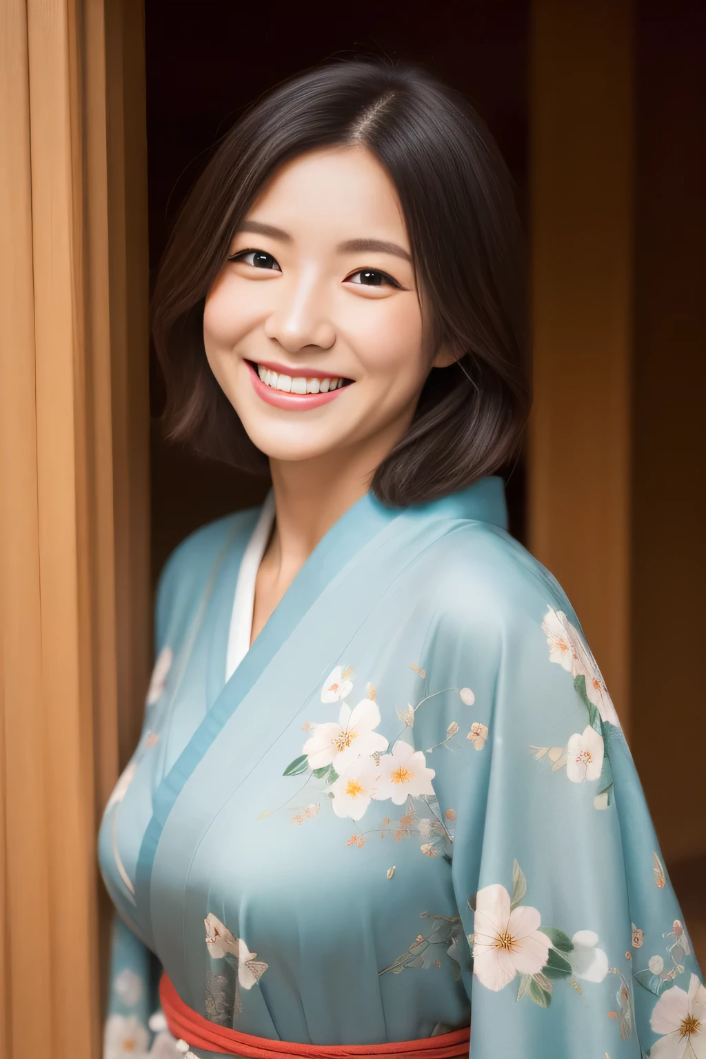 The cheerful face of the landlady、Floral Japan Kimono、high quality、surreal、healthy、smile、Perfect slender figure、beauty of japan、 perfect eyes beautiful skin、Upper body、shrine