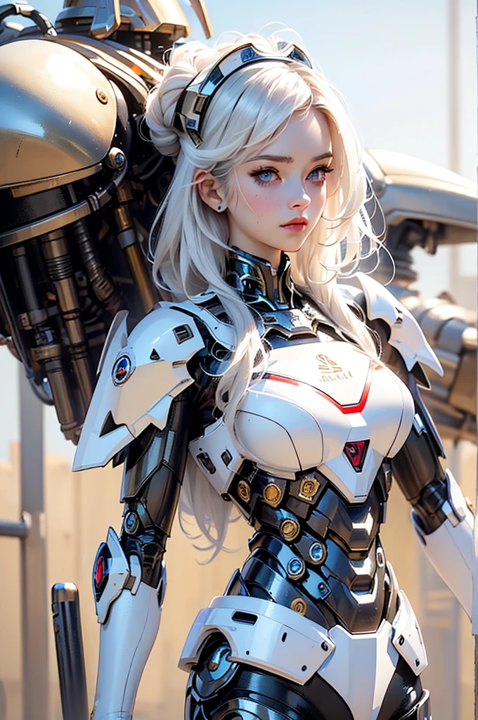 (masterpiece), (best quality), 1girl, beautiful girl, female warrior, battle field, white armor, exoskeleton, mecha, mechanical armor, blue eyes, cinematic light