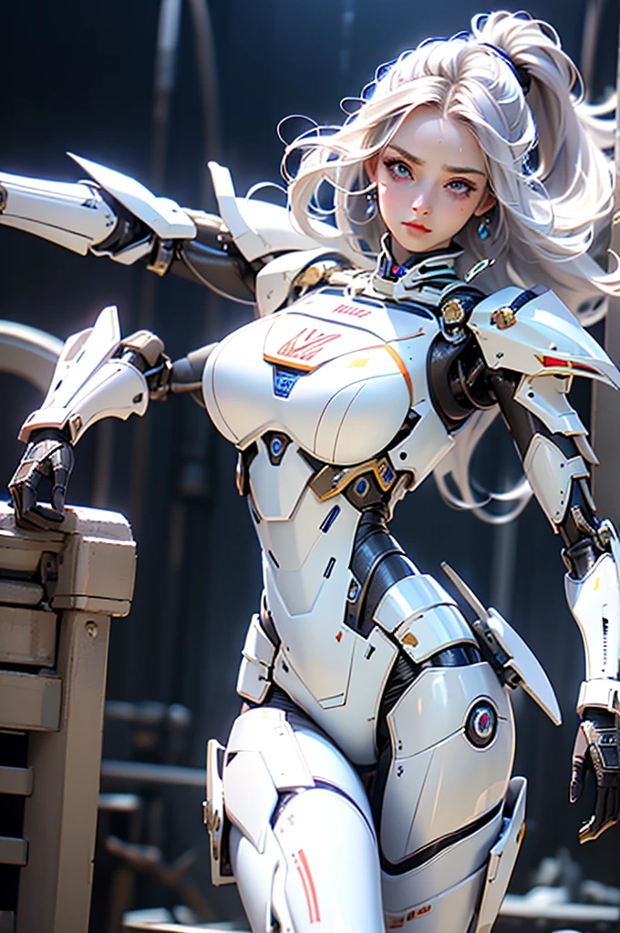 (masterpiece), (best quality), 1girl, beautiful girl, female warrior, battle field, white armor, exoskeleton, mecha, mechanical armor, blue eyes, cinematic light