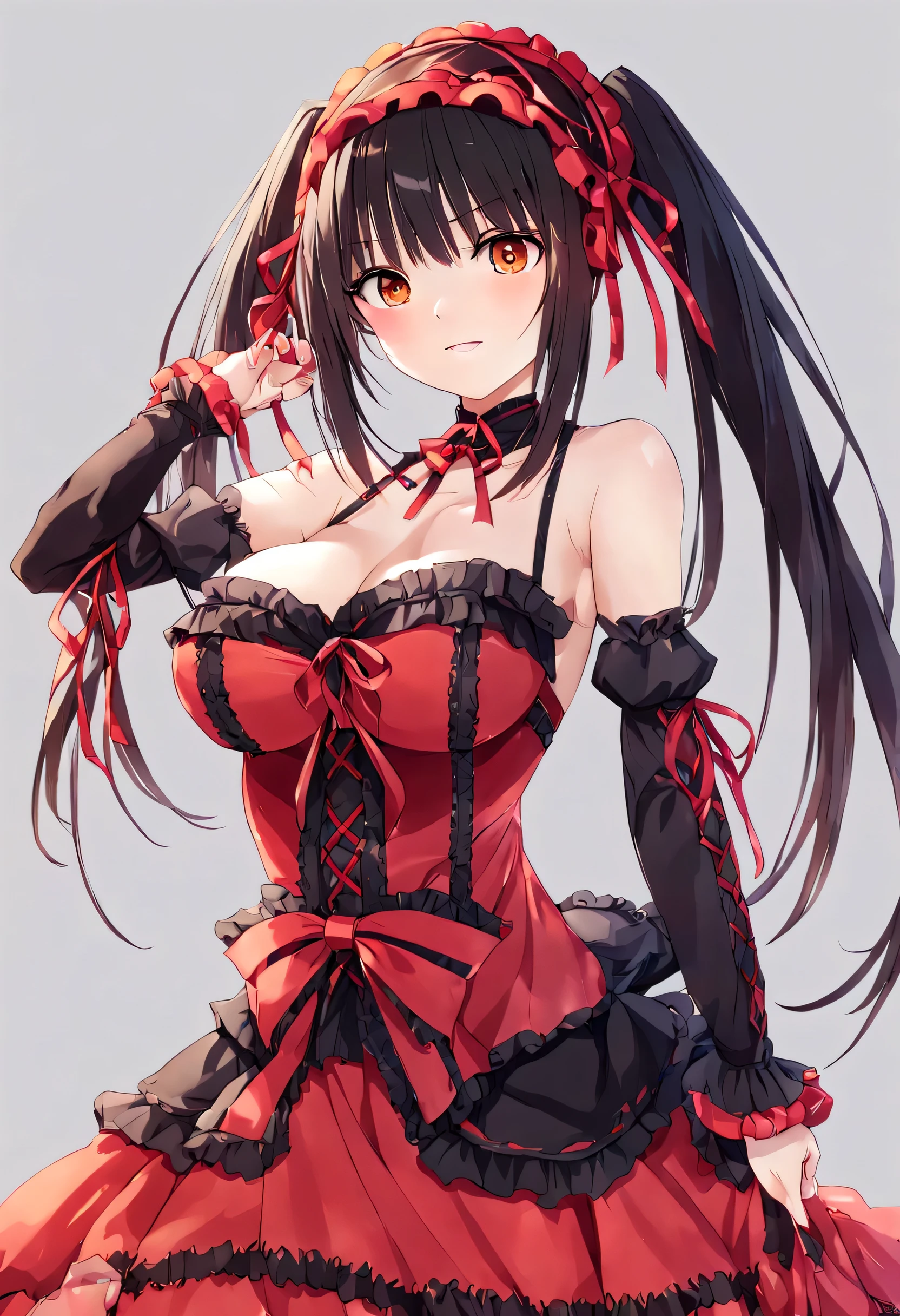 Huge Breasts, Pale, Teen, tokisaki kurumi, absurdres, 1girl, arm up, black dress, black hair, bow, breasts, clock eyes, cowboy shot, detached sleeves, dress, dress bow, hairband, heterochromia, long hair, long sleeves, looking at viewer, medium breasts, multicolored clothes, multicolored dress, parted lips, red dress, red eyes, red ribbon, ribbon, sidelocks, simple background, smile, solo, symbol-shaped pupils, twintails, yellow eyes,
