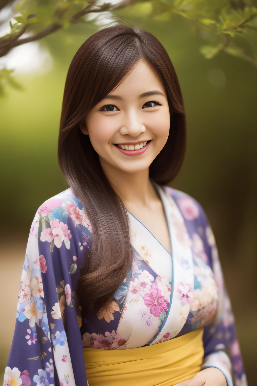 The cheerful face of the landlady、Floral Japan Kimono、high quality、surreal、healthy、smile、Perfect slender figure、beauty of japan、 perfect eyes beautiful skin、Upper body、shrine