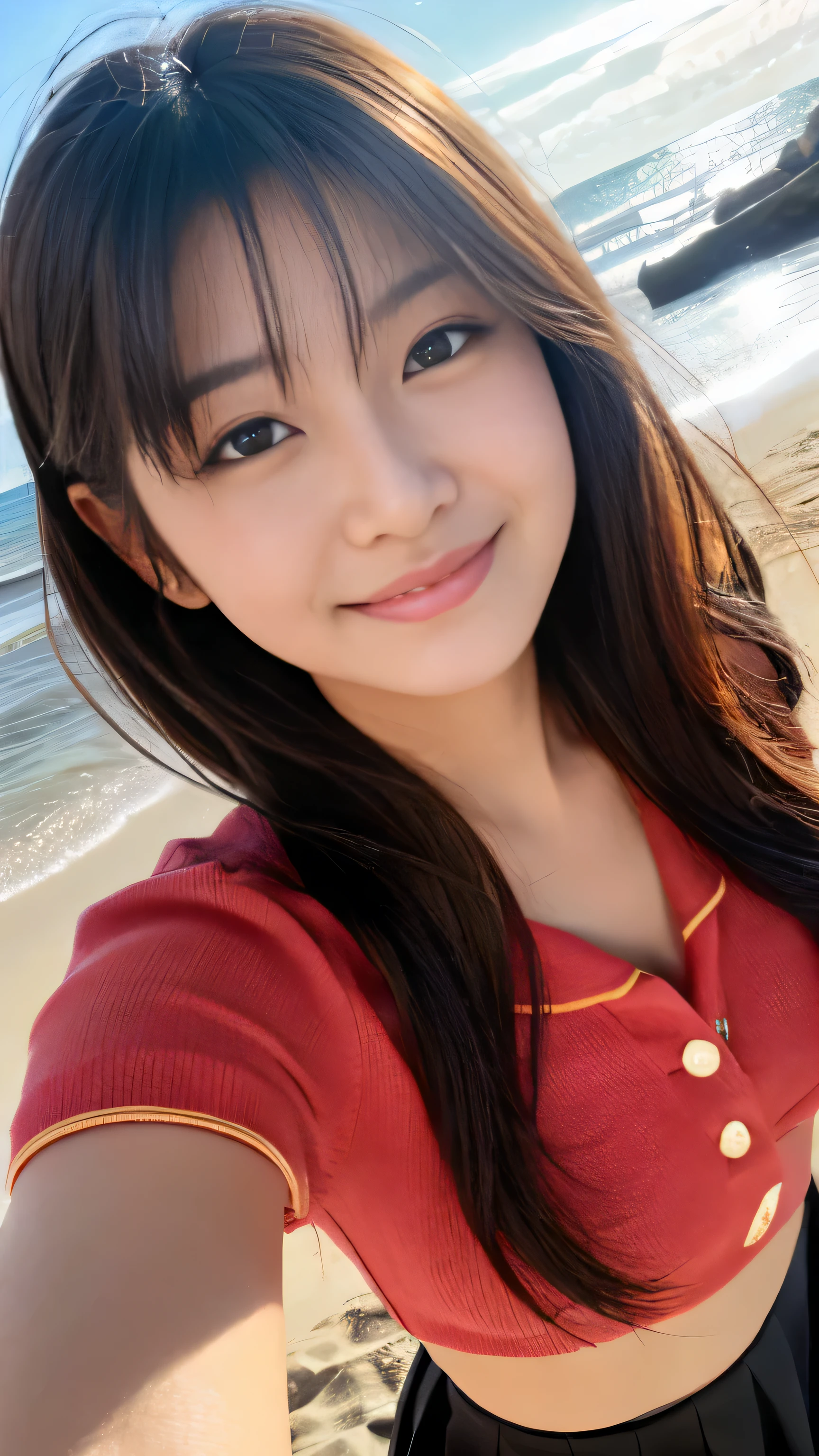 High-definition images，selfie photo ，facial details，japanese girl、sexy red clothes and black skirt on the beach、smile、sharp face、soft lighting、solar flare、